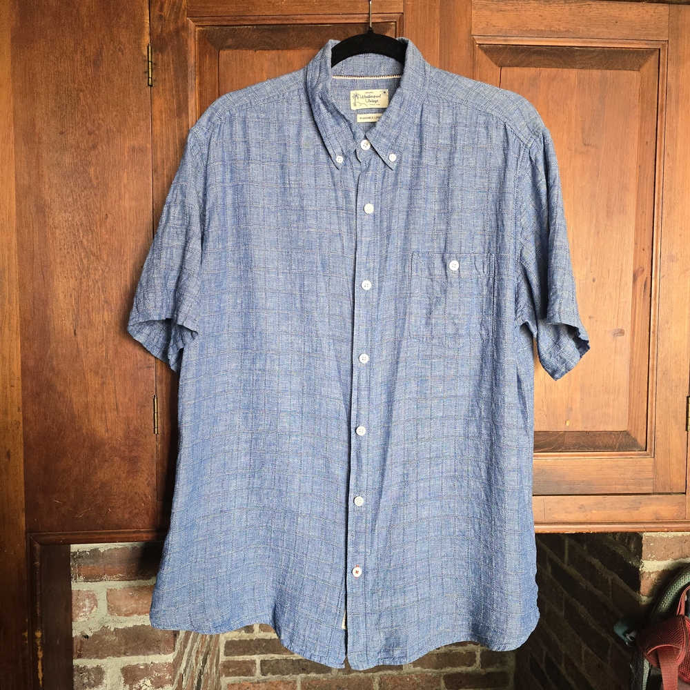 Weatherproof Vintage Blue Woven Linen Cotton Button-Up Short Sleeve Shirt - XL